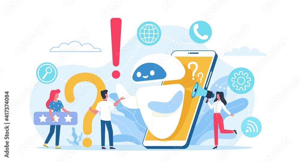 Obraz premium Online technical support. Help service mobile app, client assistant, remote problem solving, round-the-clock digital advisor. Robot answering to clients questions vector helpdesk concept