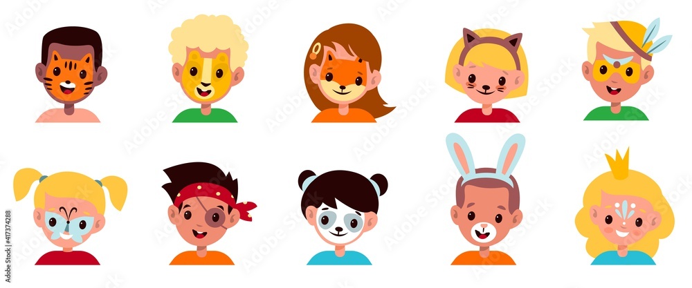 Painted kids faces. Children animalistic and fabulous makeup, boys and  girls with party funny masks, cute portraits, animals and fairy tales  creature facial mask and makeover vector set Stock Vector | Adobe