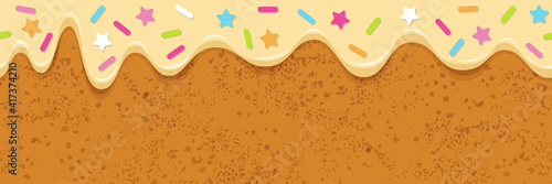 Panettone seamless pattern. Horizontal banner with melting sweet cake cream and colorful sprinkles. Cupcake. Vector design template for packaging, poster, flyer, postcard, cover.  