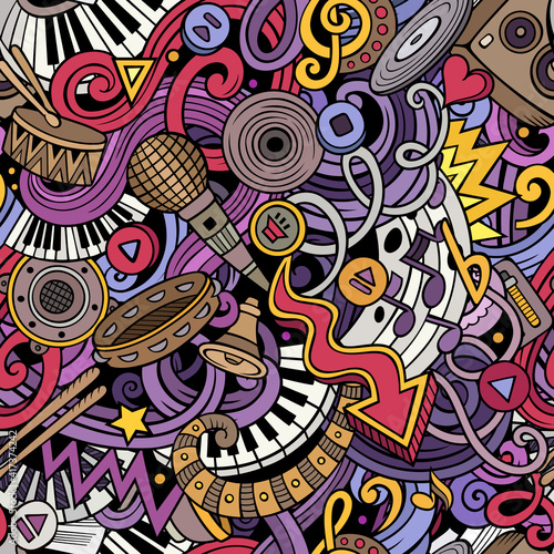 Music hand drawn doodles seamless pattern. Musical instruments background.