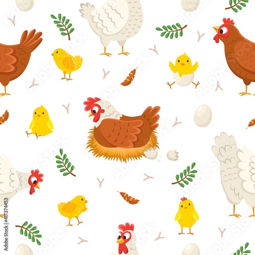 Easter chicken seamless pattern. Funny laying hens with baby chicks and eggs, birds on nests, egg shell, and feathers. Decor textile, wrapping paper wallpaper vector print or fabric