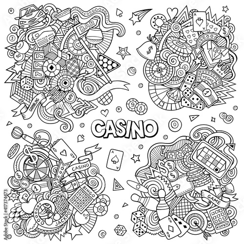 Casino cartoon vector doodle designs set.