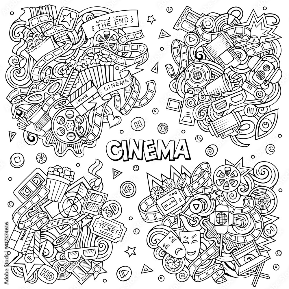 Cinema cartoon vector doodle designs set.