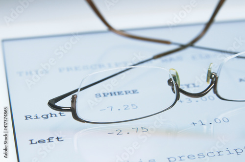 Spectacles for myopia correction on a digital tablet that displays a prescription for glasses
