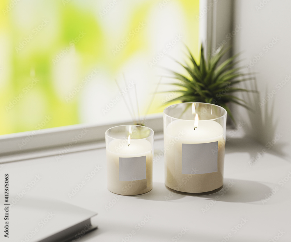 Scented candle with blank label mockup, burning white aromatic candles in glass on white surface with green plant on background, home aromatique candles, aromatherapy, 3d rendering Scented candle with blank label mockup, burning white aromatic candles in glass on white surface with green plant on background, home aromatique candles, aromatherapy, 3d rendering