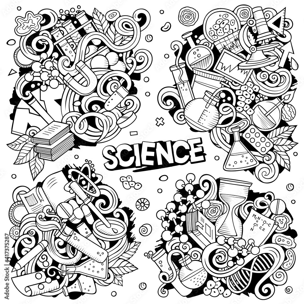 Science cartoon vector doodle designs set.