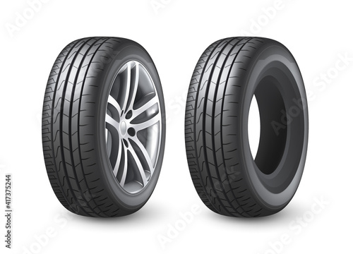 Realistic shining disk car wheel tyre isolated on white background vector illustration