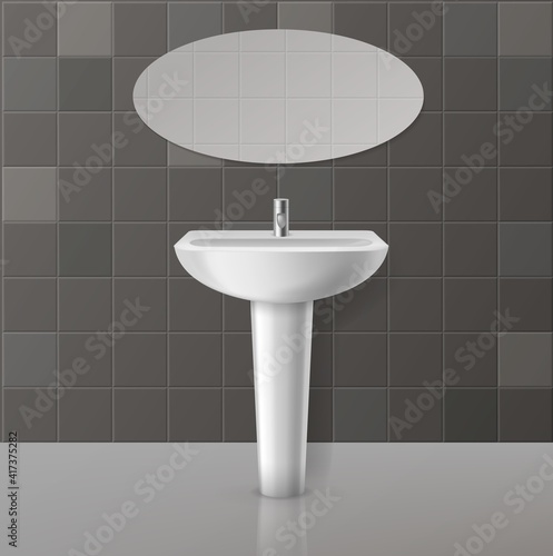 White toilets mockup. Realistic toilet interior, gray tiles on wall, white sink and hanging oval mirror, ceramic washbowl with faucet for bathroom or wc. Vector lavatory furnishing design