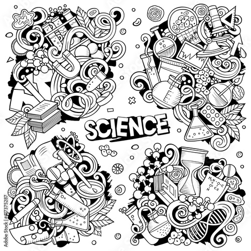 Science cartoon vector doodle designs set.