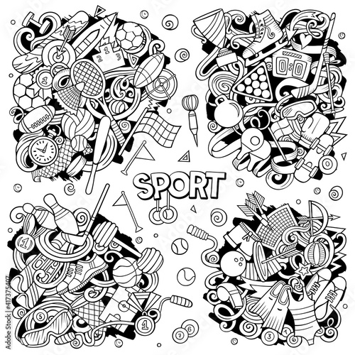 Sports cartoon vector doodle designs set.