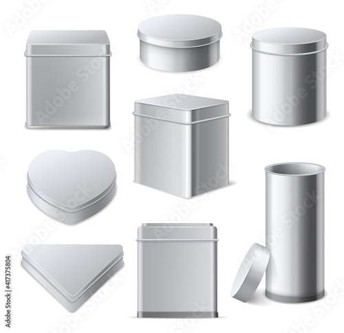 Tin boxes. Realistic 3d square, cylinder and round metallic containers with lid, tea and cookies gift packaging, different shapes mockups, aluminium closed blank boxes vector set