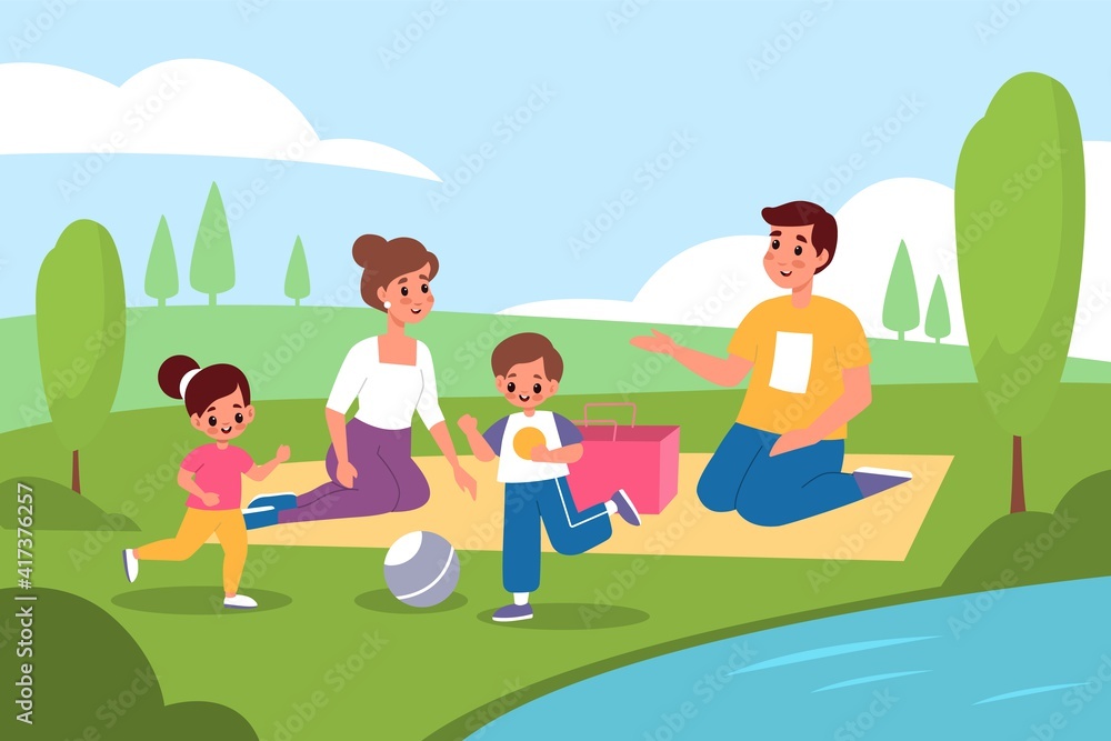 Family picnic in nature. Parents and kids walk in park, people on lake shore, lunch outdoor, happy mom and dad, son and daughter together. Playing ball on grass vector cartoon concept