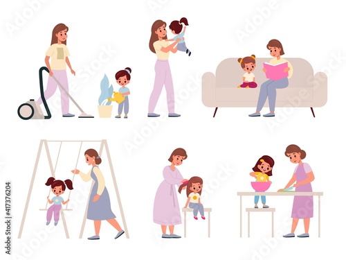Mother and daughter. Moms with daughters, female family activities housekeeping and cooking, education and recreation, reading and riding on swing, parenting and motherhood vector set