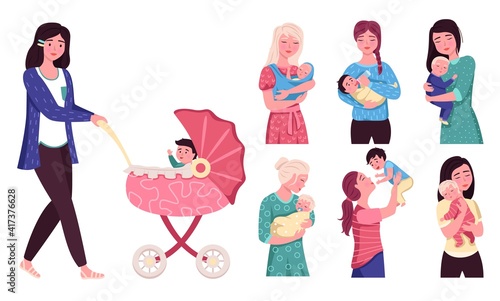 Moms with newborn babies. Happy motherhood collection, mothers hold little children, baby stroller, women with daughters and sons, parent care and love vector isolated trendy cartoon set