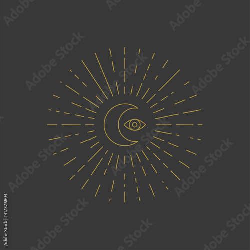Moon and eye with rays, mystical geometric sacred symbo