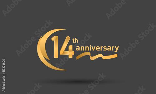 14 years anniversary logotype with double swoosh, ribbon golden color isolated on black background