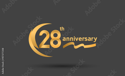 28 years anniversary logotype with double swoosh, ribbon golden color isolated on black background