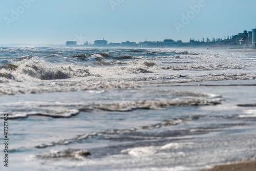 View of storm seascape. Seashore and sea waves landscape © lenaivanova2311