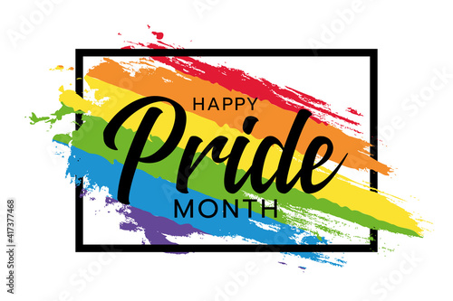 Happy pride month text word on rainbow flag ink brush and rectangle frame vector design