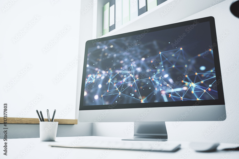 Modern computer monitor with technology desktop. Research and development software concept. 3D Rendering Modern computer monitor with technology desktop. Research and development software concept. 3D Rendering