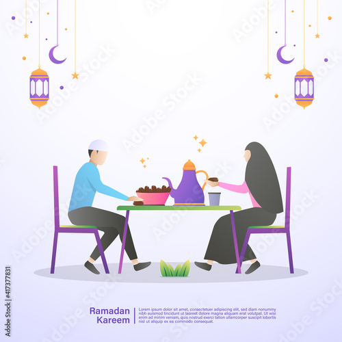 Muslim families eat iftar of Ramadan together in happiness. Illustration concept of ramadan kareem