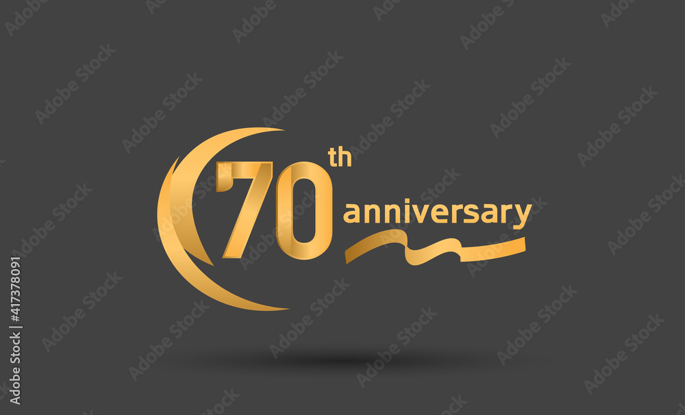 70 years anniversary logotype with double swoosh, ribbon golden color isolated on black background