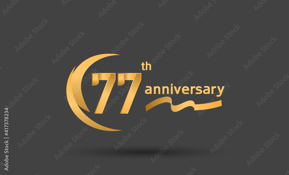 77 years anniversary logotype with double swoosh, ribbon golden color isolated on black background