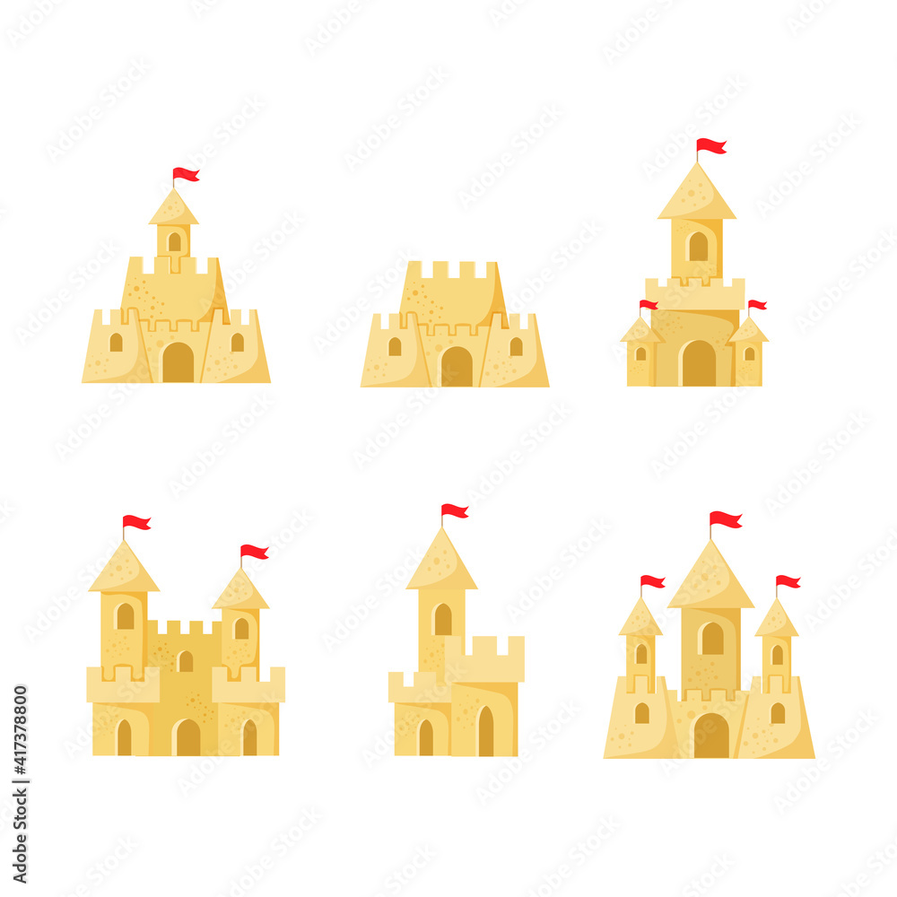 Set of Beach sand castles vector illustration in a cartoon flat style isolated on white background.