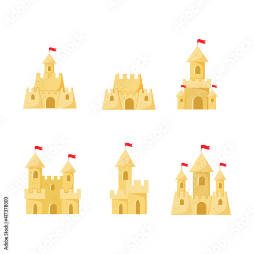 Set of Beach sand castles vector illustration in a cartoon flat style isolated on white background.
