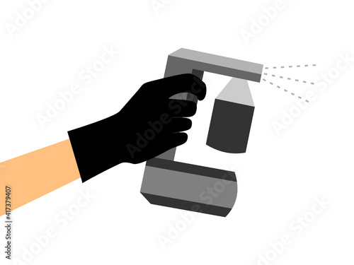 Hand in a black glove holds a gray spray tan machine. Vector illustration of auto tanning procedure