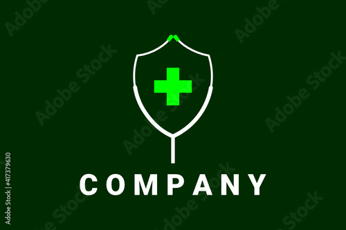 Vector logo element for health clinic, hospital and general medicine with a stethoscope illustration and medical bars forming a shield.