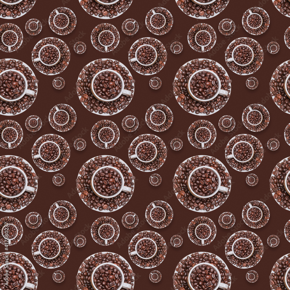A white cup and saucer filled with roasted coffee beans. Seamless pattern. View from above. A white cup and saucer filled with roasted coffee beans. Seamless pattern. View from above.