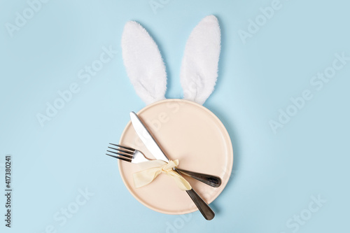 Canvas Print festive Easter table setting with white Easter Bunny ears