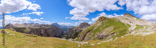 Hyper panorama of the valley Val Gardena In summer time. Italian Dolomites, South Tyrol