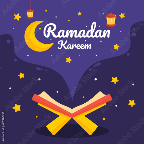 Ramadan Kareem greeting card template. Illustration vector graphic. Design concept Al Qur'an with crescent moon and lantern in flat design cartoon style, Perfect for banner, Postcard social media