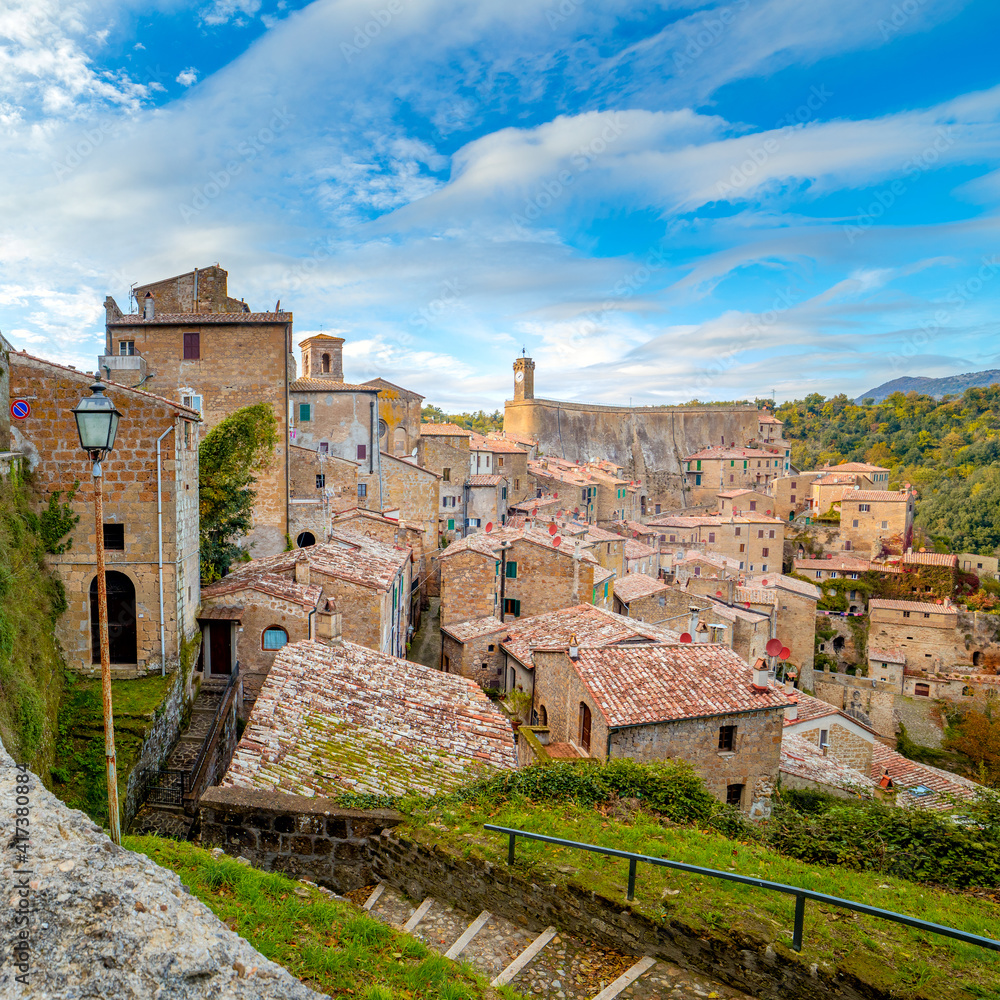 Medieval Sorano town with old tradition buildings. Tuscany, Italy