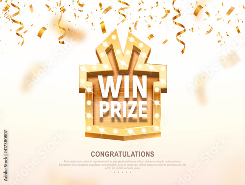 Win prize gift box with golden retro board broadway sign vector illustration. Winning celebration with confetti on light background 