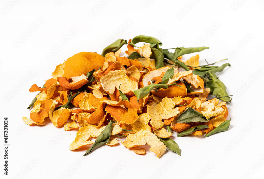 Fresh tangerine peel on pure white background Fresh tangerine peel on pure white background