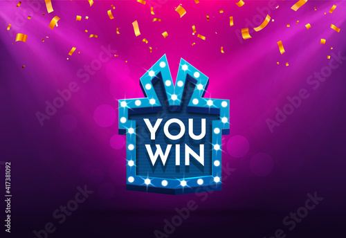 Celebrate win gift box retro board broadway sign. Winning celebration vector illustration. 