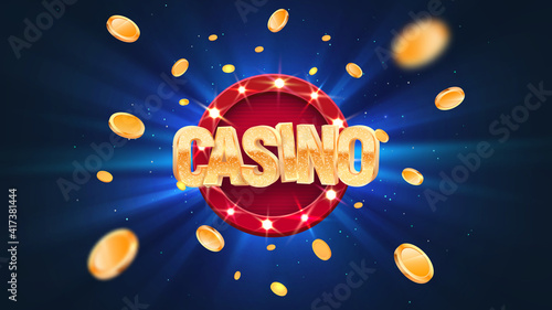 Gambling casino online leisure games vector illustration. Win in gamble game. Coins exploding on blue burst background