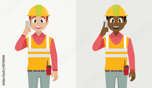 Construction worker talking on the phone