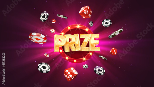 Win prize in gambling game purple background vector banner. Winning money congratulations illustration for casino or online games.Chips and dice explosion