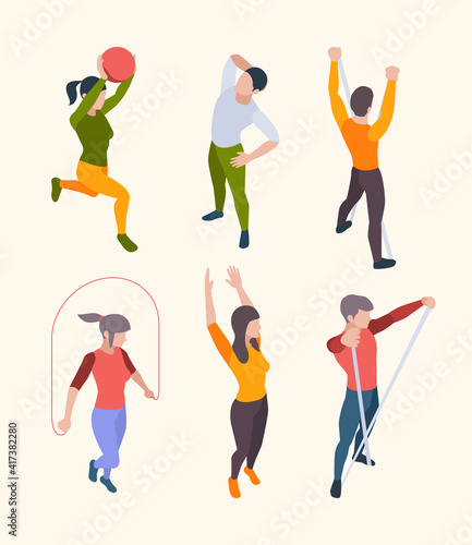 Home fitness characters. People sport gym exercises with online broadcasting instructor functional aerobics workout and yoga vector isometric set. Ilustration person body in gym do fitness
