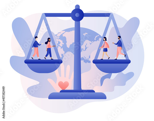 World Social justice day. Human rights concept. Big scales as symbol of equality, freedom and love. Tiny people for tolerance and respect. Modern flat cartoon style. Vector illustration 