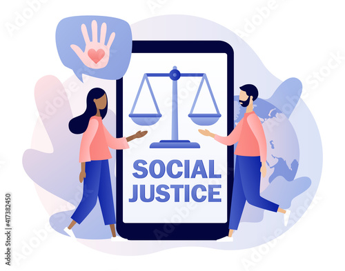 Social justice - text on smartphone screen. Human rights concept. Scales as symbol of equality, freedom and love. Tiny people for tolerance and respect.Modern flat cartoon style. Vector illustration
