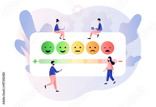 Emotions scale with arrow from green to red. Tiny people leave feedback. Emoji set for mood tracker. Excellent, good and normal, bad and awful. Modern flat cartoon style. Vector illustration