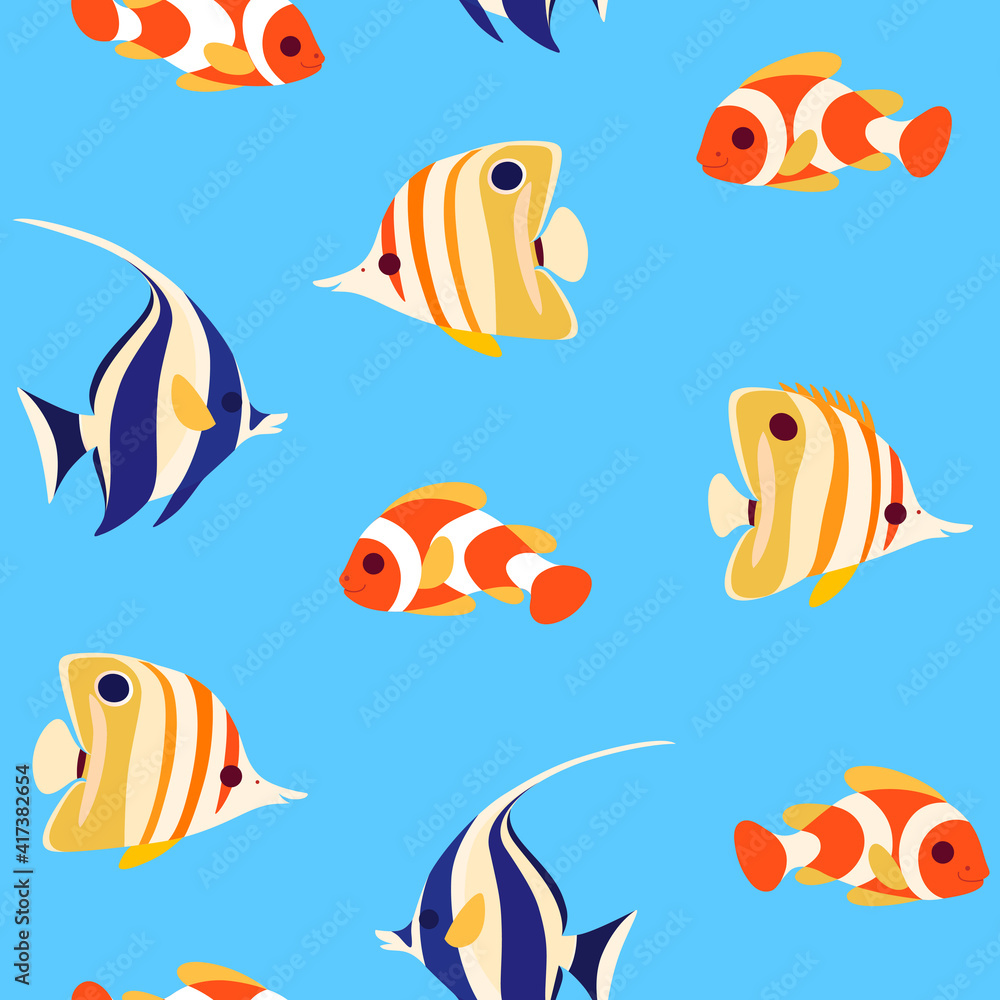 Fototapeta premium Simple trendy seamless pattern with coral fish - clown fish, butterfly fish and moorish idol fish. Flat illustration.