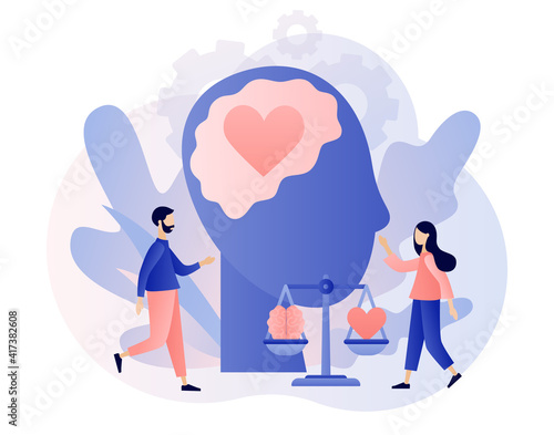 Emotional intelligence. Heart and brain on scales as symbol of balance. Tiny people exploring inner personality. Love, mind, logical. Modern flat cartoon style. Vector illustration on white background