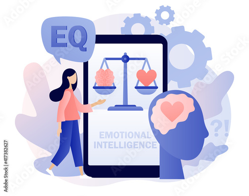 Emotional intelligence. Heart and brain on scales as symbol of balance. Online test EQ. Tiny woman exploring inner personality. Love, mind, logical. Modern flat cartoon style. Vector illustration