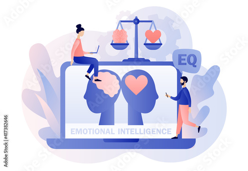 Emotional intelligence. Heart and brain on scales as symbol of balance. Tiny people exploring inner personality. Online test EQ. Love, mind, logical. Modern flat cartoon style. Vector illustration